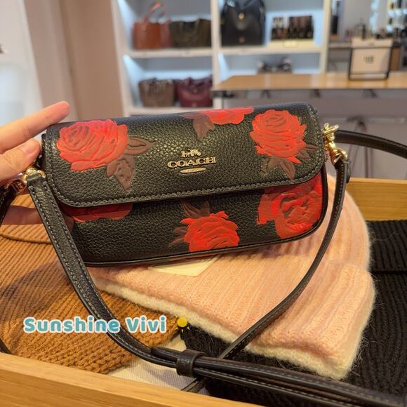 NWT Coach Black Red Floral Print Hailey Flap Crossbody Bag CCF74 Im/Black/Red